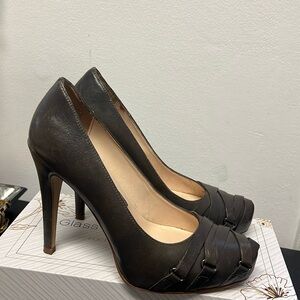 Storm Grey leather BTSLICK pumps from Boutique9 Brand w/ lace detail